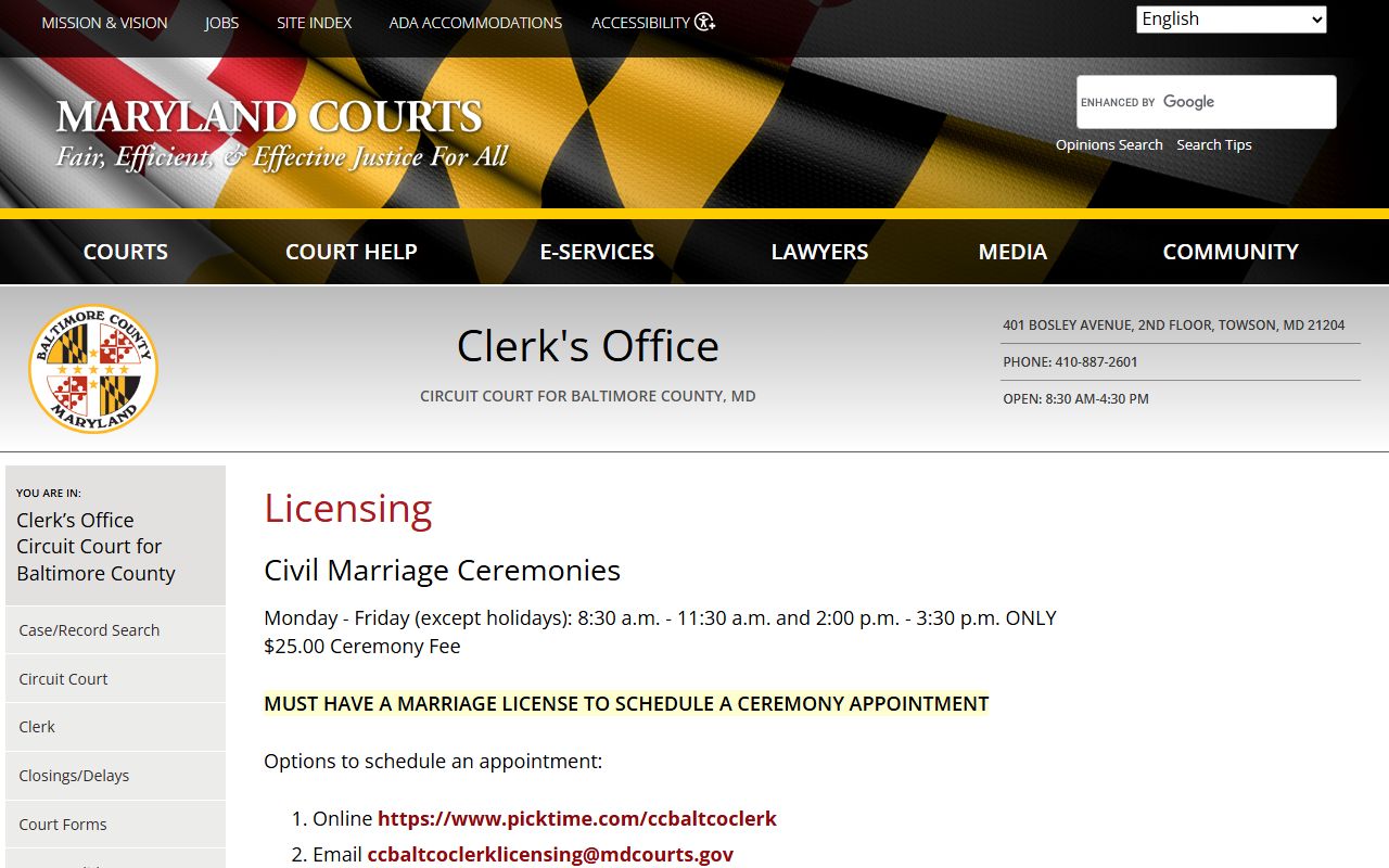 Baltimore County Clerk of the Circuit Court licensing records page