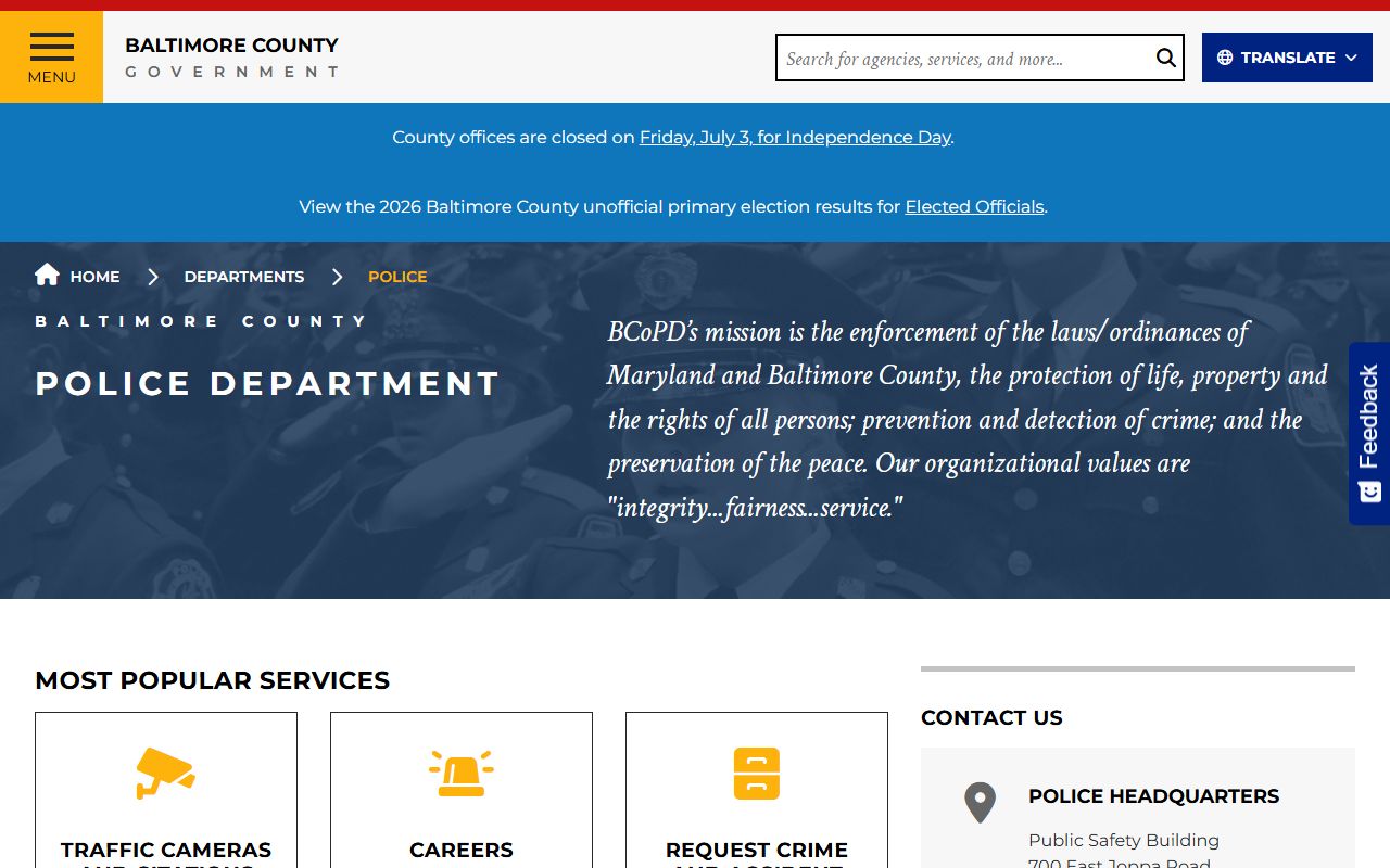 Baltimore County arrest records police department access page