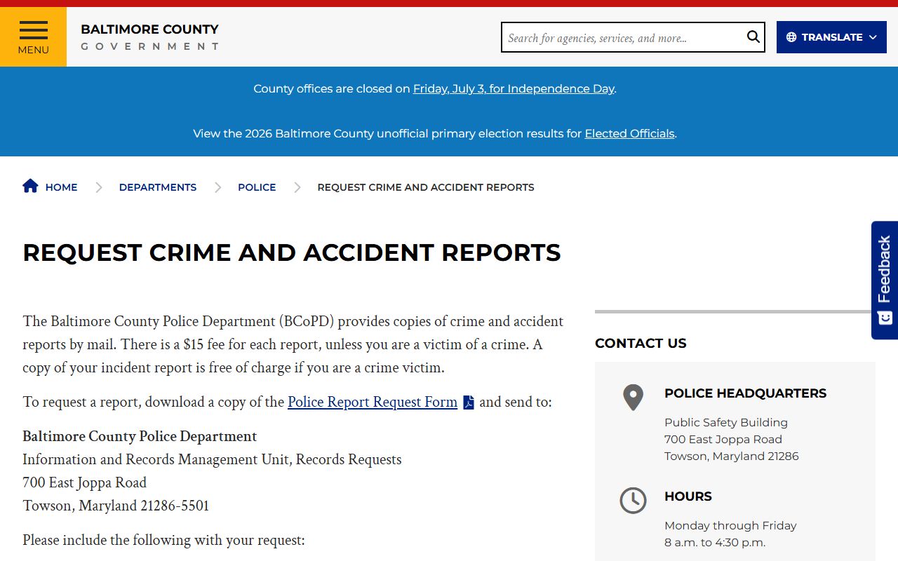 Baltimore County arrest records police report request access channel