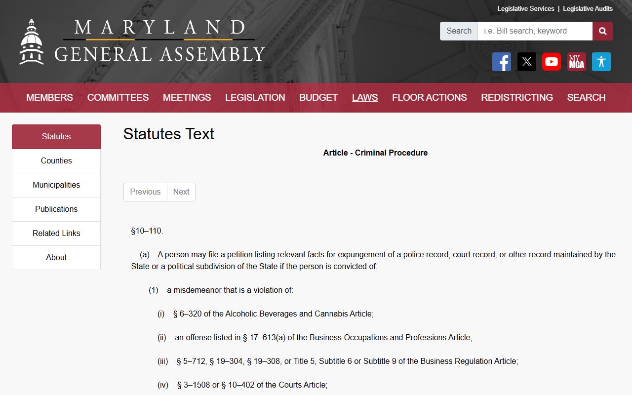 Baltimore County criminal court records Maryland shielding statute