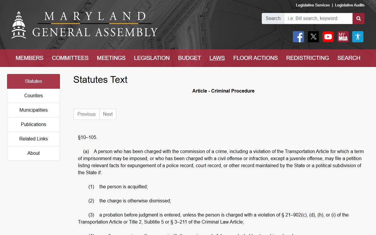 Baltimore County criminal court records Maryland expungement statute