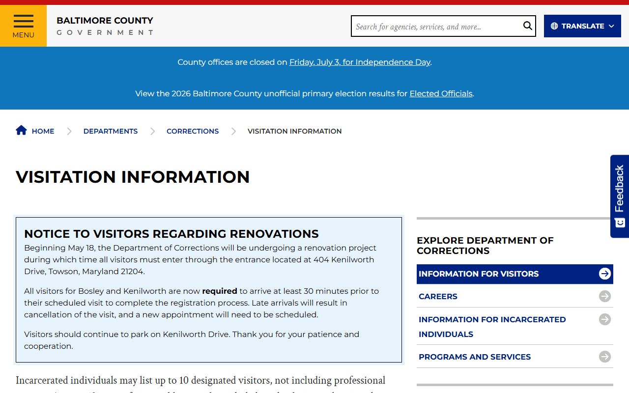 Baltimore County inmate records jail visitation information