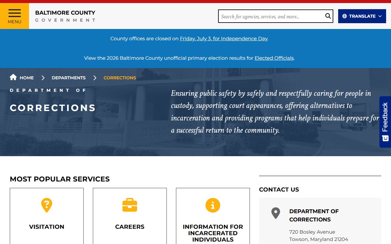 Baltimore County inmate records Department of Corrections page