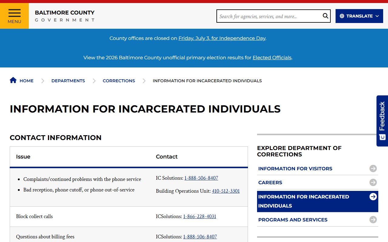 Baltimore County inmate records incarcerated individual information page