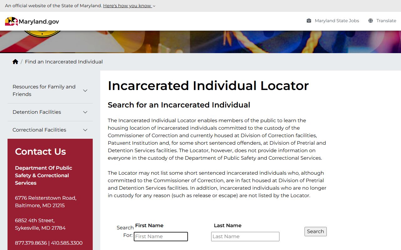 Baltimore County inmate records Maryland DPSCS state locator