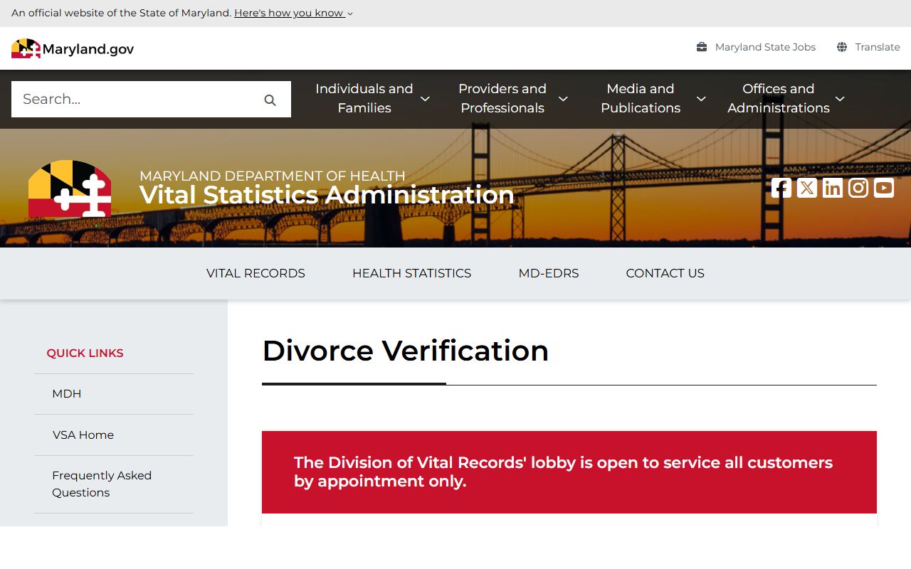 Baltimore County divorce records and Maryland divorce verification request page