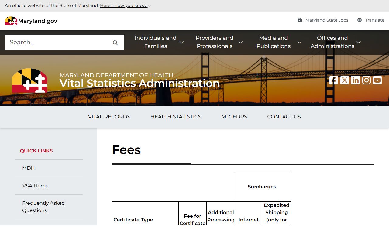 Baltimore County marriage and divorce records fee page for Maryland vital records