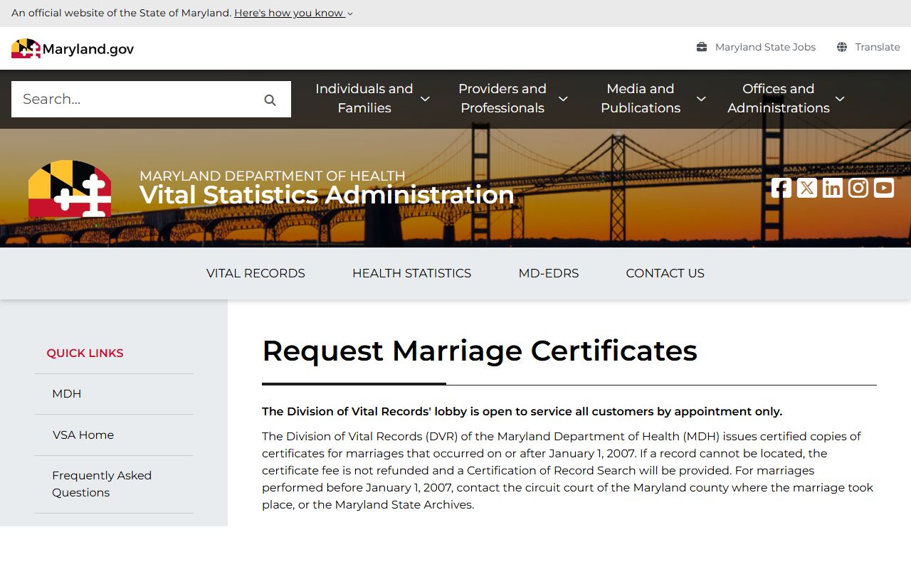 Baltimore County marriage records and Maryland marriage certificate request page