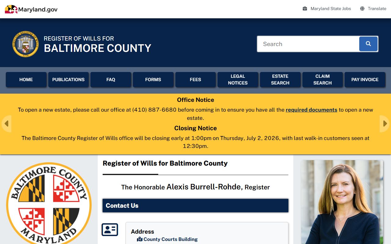 Baltimore County probate records Register of Wills page