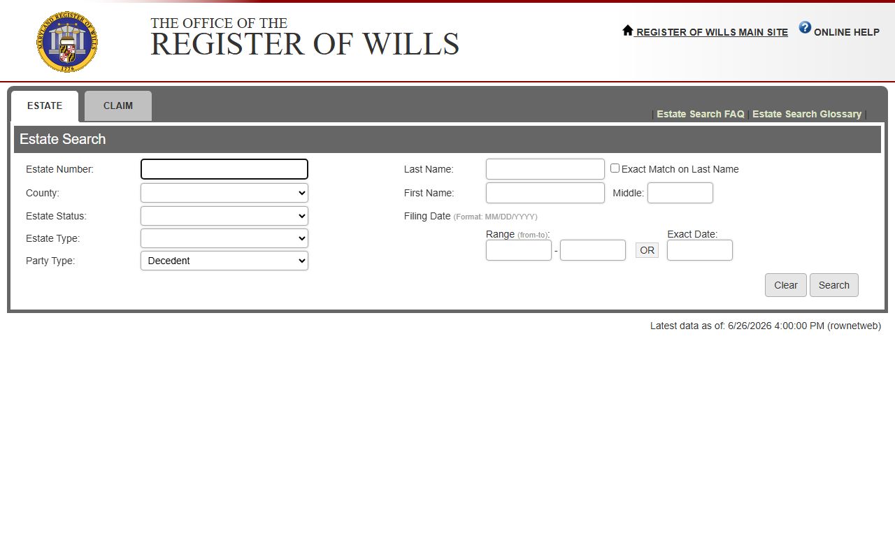Baltimore County probate records Estate Search portal