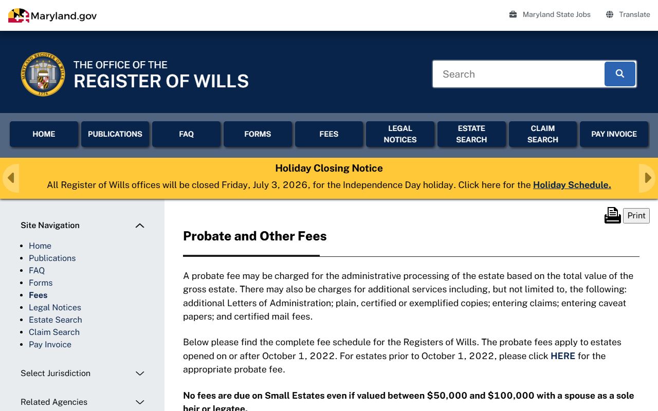 Baltimore County probate records Register of Wills fee schedule
