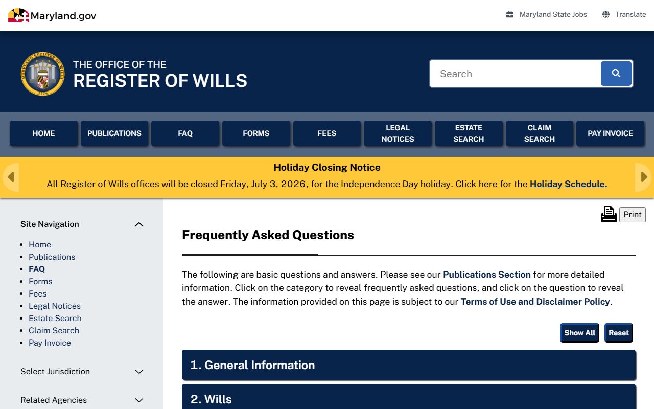 Baltimore County probate records Register of Wills FAQ for copies