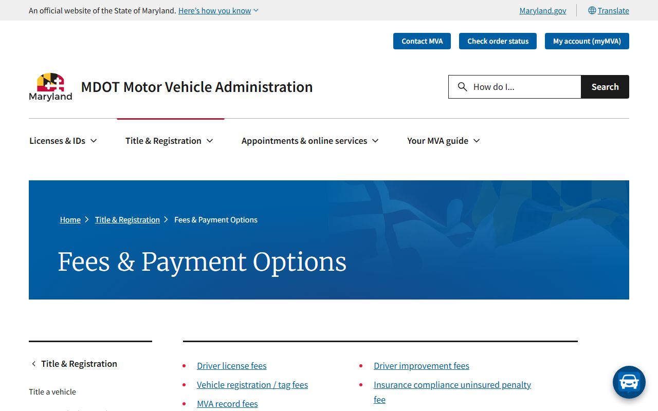 Baltimore County traffic court records and MDOT MVA certified record fee information