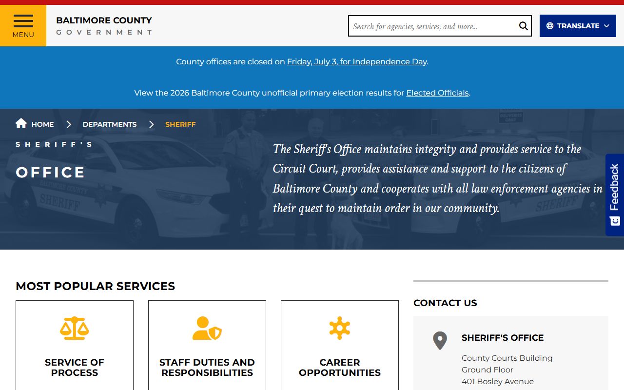 Baltimore County warrant records Sheriff's Office page
